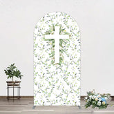 Lofaris Green Flower Cross God Bless Baptism Arch Backdrop